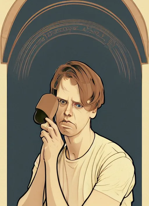 Image similar to art nouveau portrait of geoff rickly with short light brown straw blond hair, light blue eyes, sad expression, scared, head down, shy and demure, jeans and black t - shirt, holding a microphone, natural lighting, path traced, highly detailed, high quality, cartoon, digital painting, by don bluth and ross tran and studio ghibli and alphonse mucha