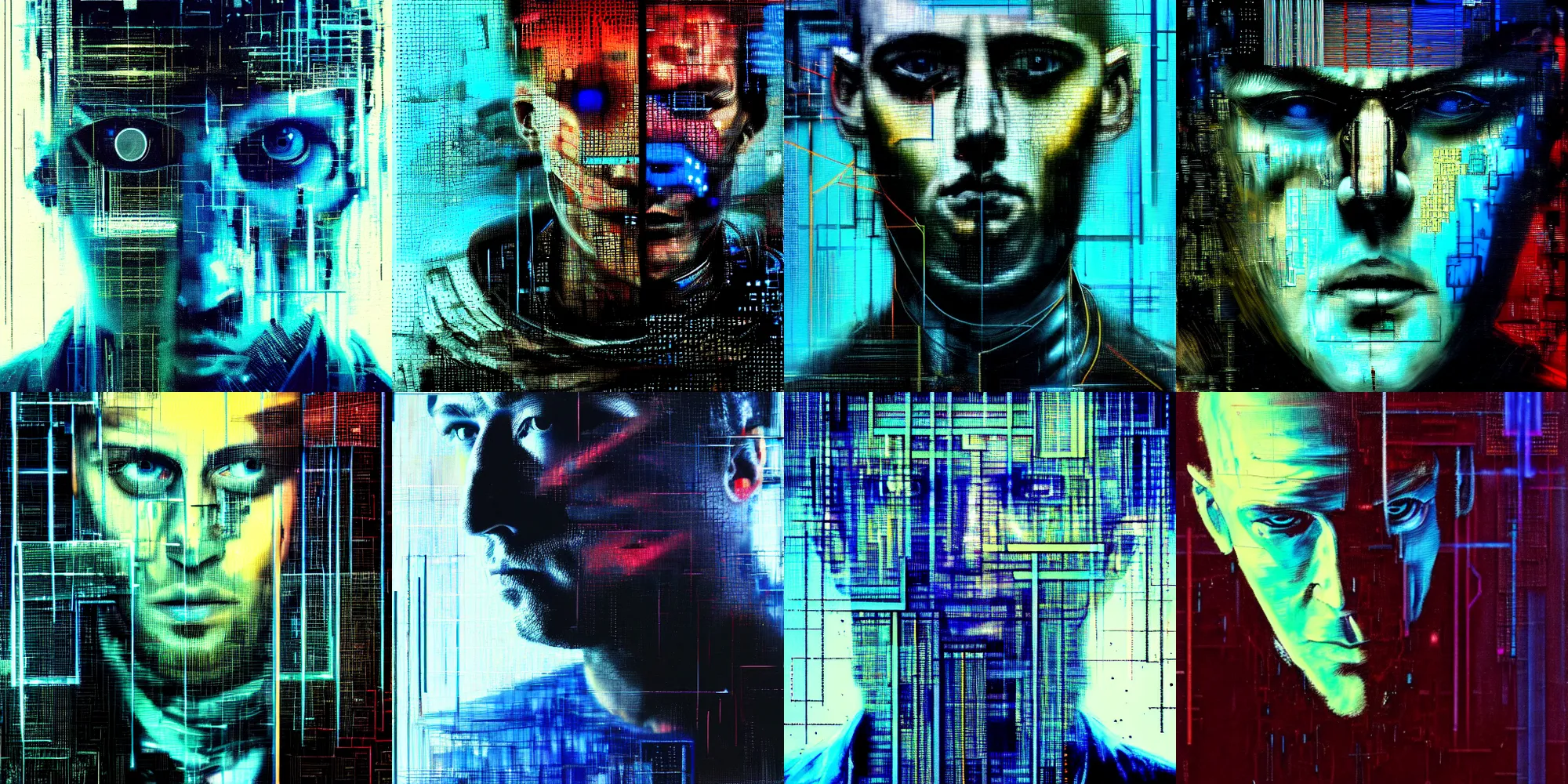 Prompt: hyperrealistic portrait of a cyberpunk man, by Guy Denning, Johannes Itten, Russ Mills, glitch art, hacking effects, glitch effects, digital tech effects, cybernetics, detailed lines, holographic, chromatic, color blocking!, oil on canvas, octane, concept art, abstract, blue and black, 8k, trending on artstation