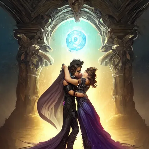 Prompt: a young couple, a mortal male rogue and a lightning goddess! hugging each other in front of the portal of eternity!, D&D, fantasy, intricate, elegant, highly detailed, digital painting, artstation, concept art, matte, sharp focus, illustration, hearthstone, art by Artgerm and Greg Rutkowski and Alphonse Mucha