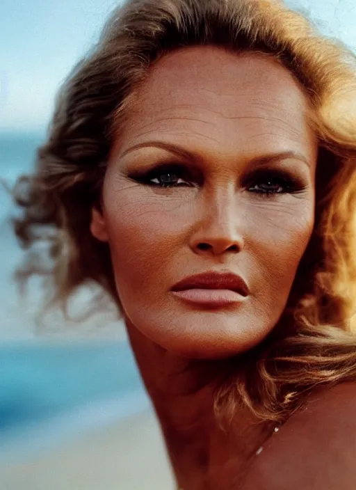 Image similar to A hyper realistic and detailed head portrait photography of Ursula Andress of Dr No walking on a secluded beach. by Cameron Hammond. 1980s art deco revival style. Cinematic. Golden Hour. Kodak Portra 400. Lens flare. 85mm lens