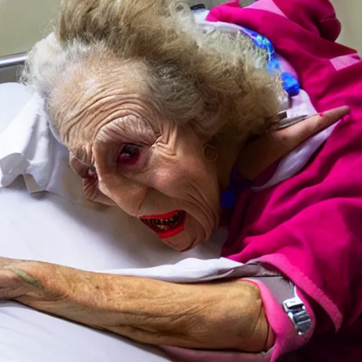 Image similar to crazy old lady clown with wrist restraints in hospital bed