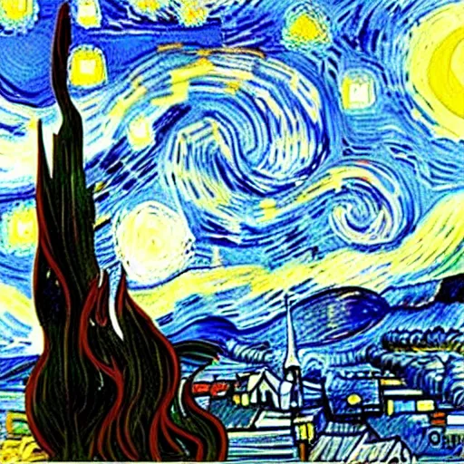 Image similar to shiba inu eating noodles in style of van gogh's starry night