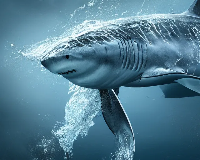 Prompt: water art manipulation of a giant shark on the ocean water, hyper realistic, ray tracing, realistic water, sharp focus, 8 k resolution, cinematic