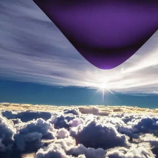 Prompt: A large metallic purple sqare floating in the clouds