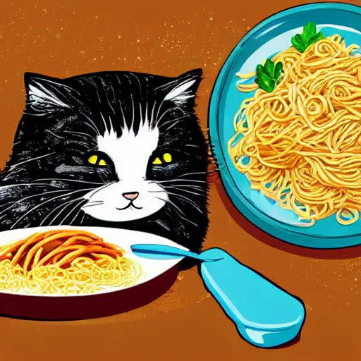 Image similar to obese cat sitting in behind a plate of indomie mi goreng noodles on toast, traditional artstyle