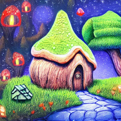 Image similar to little mushroom house with doors and windows magical forest landscape with fireflies, detailed luminescent painting 4 k