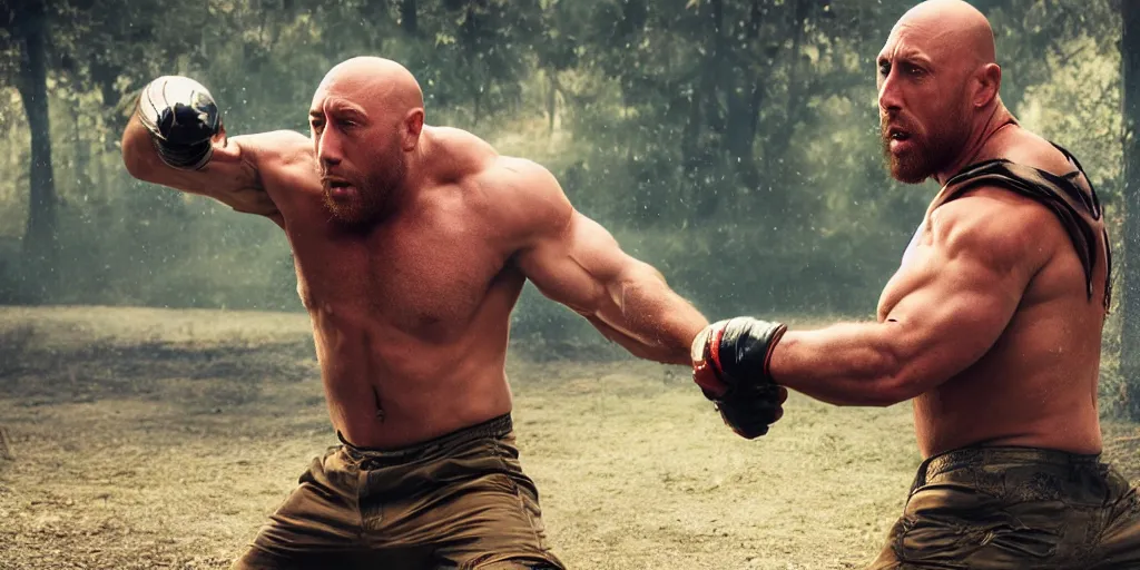 Prompt: The Ryback fighting a snake outdoors, hyperrealistic, photorealistic, ultra hd, cinematic lighting, award-winning, 4k, beautiful color, high quality, high textured, lens flare