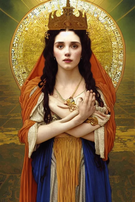 Image similar to Portrait of historically accurate, biblical, sneering, young, wicked, terrible, evil, pagan, beautiful, queen jezebel of ancient Israel, wearing gilded robes, long hair, intricate, elegant, highly detailed, masterpiece, illustration, art by artgerm and greg rutkowski and alphonse mucha and Wayne Barlowe and william-adolphe bouguereau, highly detailed, trending on artstation, award winning