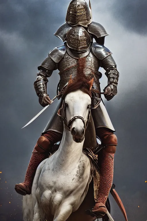 Prompt: a portrait of a medieval knight on horseback wielding a long lance, historical setting, dynamic pose, close - up, intricate details, intricately detailed clothing, intricate textures, warm lighting, vivid colors, smoke and mist, realistic octane render, hyper realistic render, volumetric shading, depth of field, raytracing, 8 k,