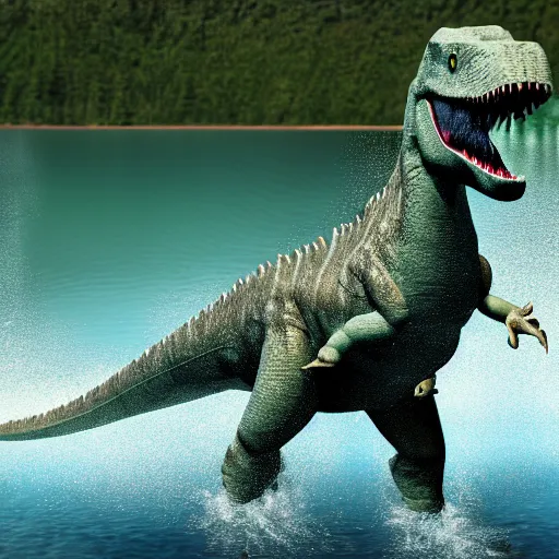 Prompt: a photo of a dinosaur swimming in a lake, realistic, ultra high detail, 8 k.