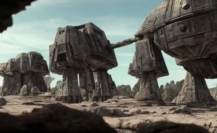 Image similar to still image screenshot floating boulder planet, castles floating in mid air, jedi temples from the tv show mandalorian on disney +, scene in front of a strange building, moody mining planet, at - at imperial walkers, invading kashyyyk, anamorphic lens, 3 5 mm film kodak