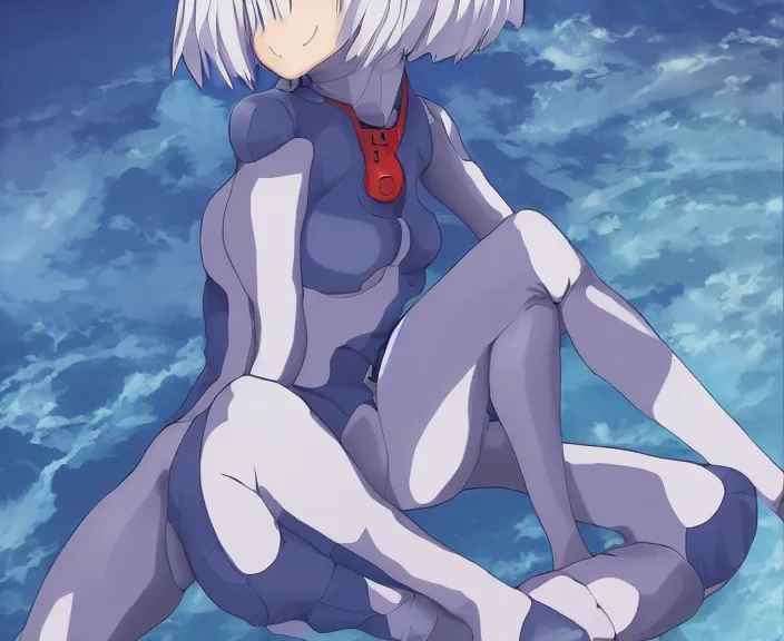 Image similar to anime art, fullbody shot of female rei ayanami, evangelion, long blue hair and large eyes, finely detailed perfect face, in a pale skintight plugsuit, sitting on rooftop, flooded city, trending on pixiv fanbox, by ilya kuvshinov, sola digital arts,, raytracing