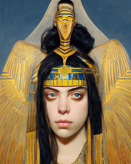 Image similar to Billie Eilish as a beautiful egyptian princess, gorgeous, portrait, Symmetrical, powerful, intricate, beautiful, masterpiece, elegant, volumetric lighting, highly detailed, artstation, sharp focus, no cropping, illustration, Jean-Leon Gerome , ruan jia