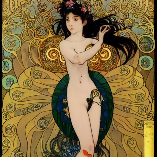 Prompt: a highly detailed anime woman with cyborg arms drawn by alphonse mucha and background by gustav klimt 8k