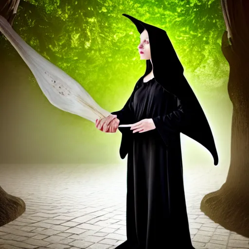 Prompt: a beautiful young witch in a black robe, holding white brugmansia