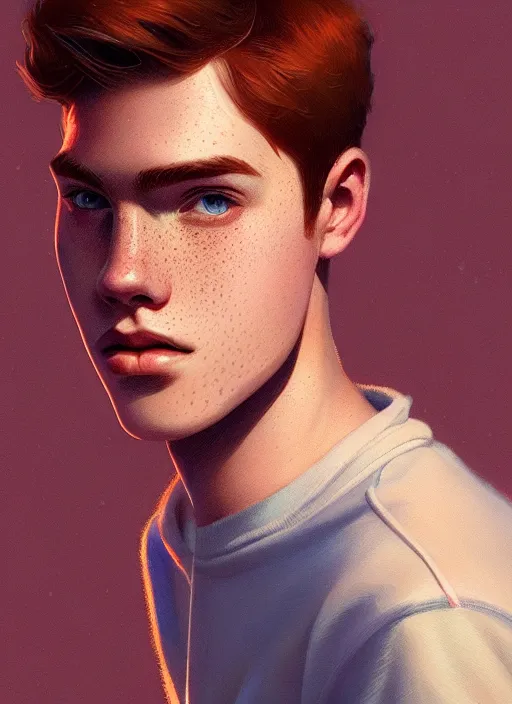 Prompt: portrait of teenage archie andrews, freckles, intricate, elegant, glowing lights, highly detailed, digital painting, artstation, concept art, smooth, sharp focus, illustration, art by wlop, mars ravelo and greg rutkowski