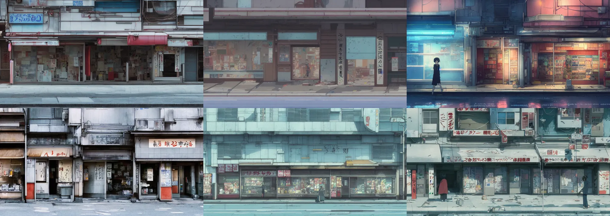 Prompt: front view of a closed japanese storefront in the atmospheric cyberpunk anime film by makoto shinkai and studio ghibli