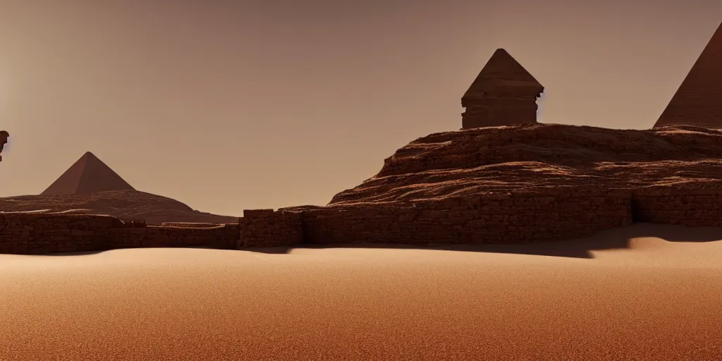 Prompt: a wide desertic matte painting landscape with ancient egyptian temple buried in the sun. big sand dunes. under a white sky with black stars. a monstrous sphynx between the dunes on the horizon. eerie lighting. photorealistic. artstation. hd.