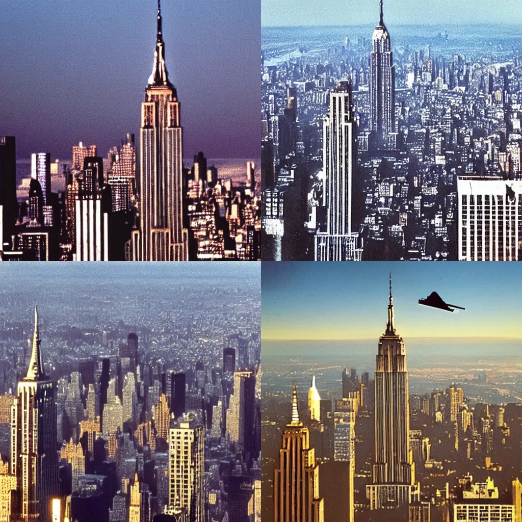 Prompt: Film still of a chrome SR-71 blackbird exploring midtown Manhattan by the Empire State Building, high detail, golden hour. Extreme wide shot aerial photograph of the planes travelling at an low altitude below radar, with neon contrails visible