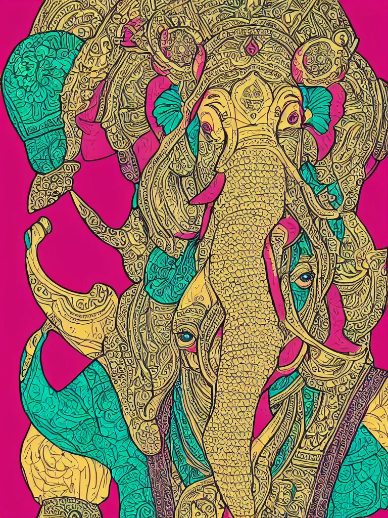 Image similar to portrait of ganesha art by victo ngai sticker, colorful, illustration, highly detailed, simple, smooth and clean vector curves, no jagged lines, vector art, smooth