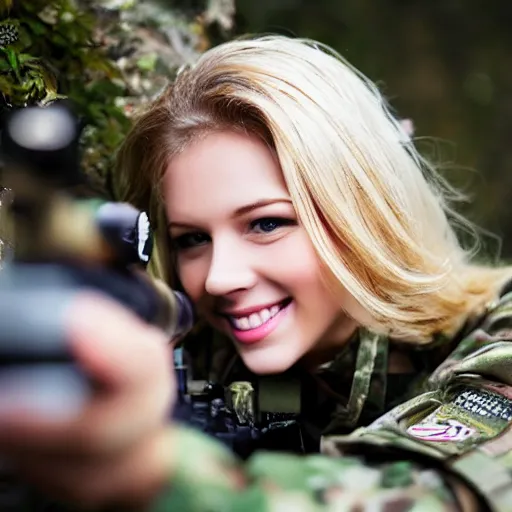 Image similar to closeup very beautiful blonde female sniper looking at l 9 6 a 1 with mischievous smile and happy eyes