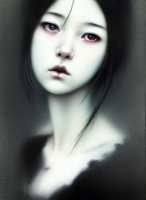 Image similar to an attractively pretty young woman with morbid thoughts wearing a Japanese-style school uniform, she is the queen of black roses, by Casey Baugh, Steve Caldwell, Gottfried Helnwein, Yasunari Ikenaga, and Range Murata.