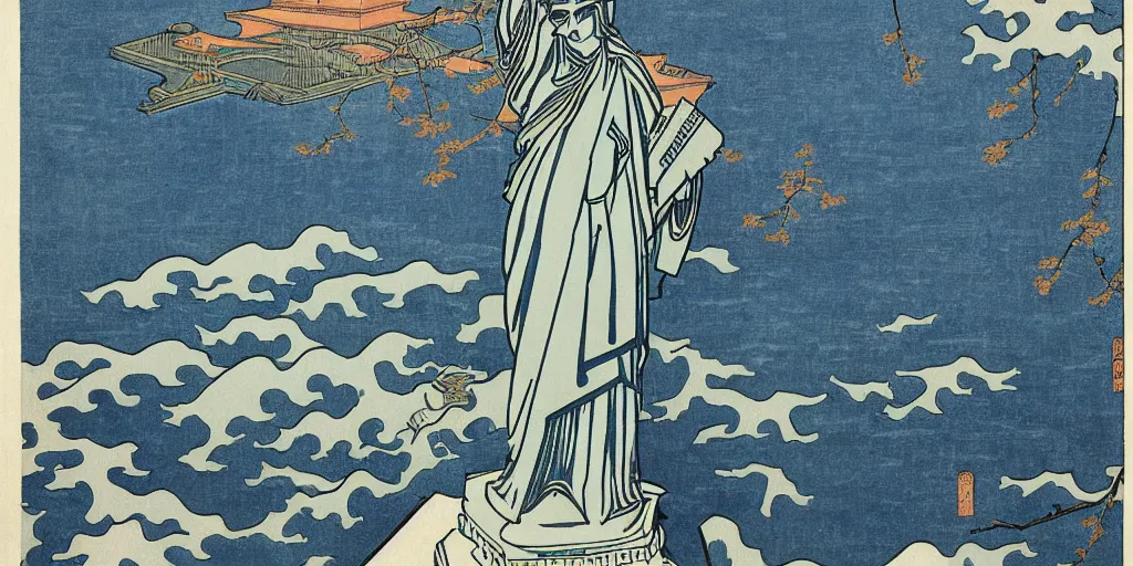 Image similar to i, Statue of liberty by Hokusai