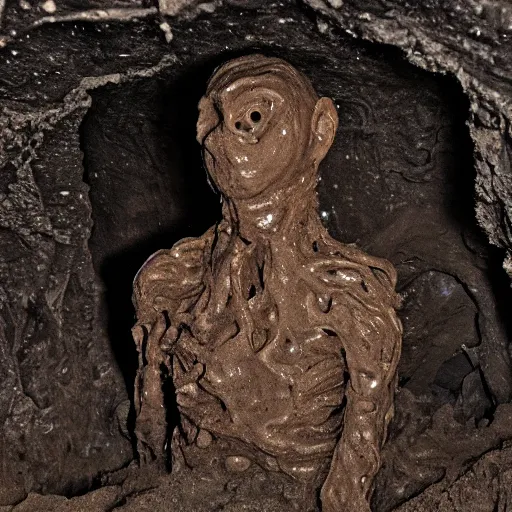 Image similar to found footage of a humanoid made of wet clay and mud forming out of a wall inside of a cave made of wet clay, creepy, flash photography, unsettling, moist, low quality, dark environment, cavern, spelunking