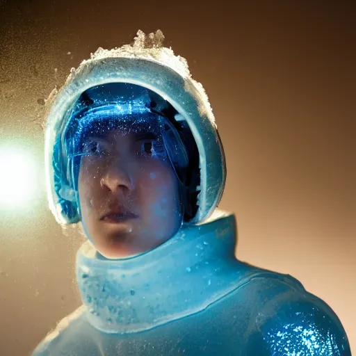 Prompt: futuristic female soldier eyes closed partly submerged in highly viscous clear fluid, frost particles, ice needles, cold blue light, complex hyperdetailed technical suit. white hair flowing. reflection. rays and dispersion of light. volumetric light. 5 0 mm, f / 3 2. noise film photo. ultra realistic, wide angle.