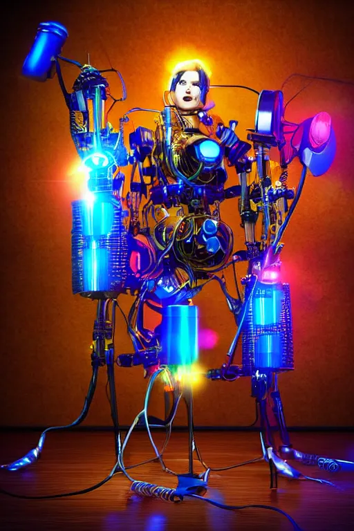 Image similar to portrait photo of a giant huge golden and blue metal female humanoid steampunk robot singer with headphones and gears and tubes, in the foreground is a big red glowing microphone on a tripod, eyes are glowing red lightbulbs, shiny crisp finish, 3 d render, 8 k, insaneley detailed, fluorescent colors, background is multicolored lasershow