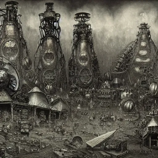 Image similar to landscape filled with steampunk vintage computers in a tent, filigree ornaments, exterior, beksinski