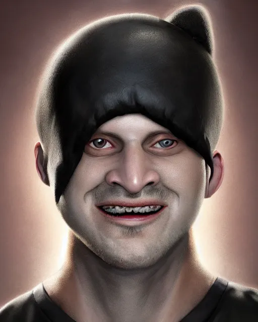 Image similar to portrait of a 4 0 - year - old bald character, male, with a white complexion, wide, cat - like scarlet eyes, a nose flat like a snake's nose, and a thin mouth, wearing in black clothes, hyper realistic face, beautiful eyes, character art, art by mark brooks, hyperdetailed, cryengine, trending on artstation, digital art