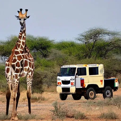 Image similar to a giraffe in a safari truck in south africa watching humans drink water mid dat