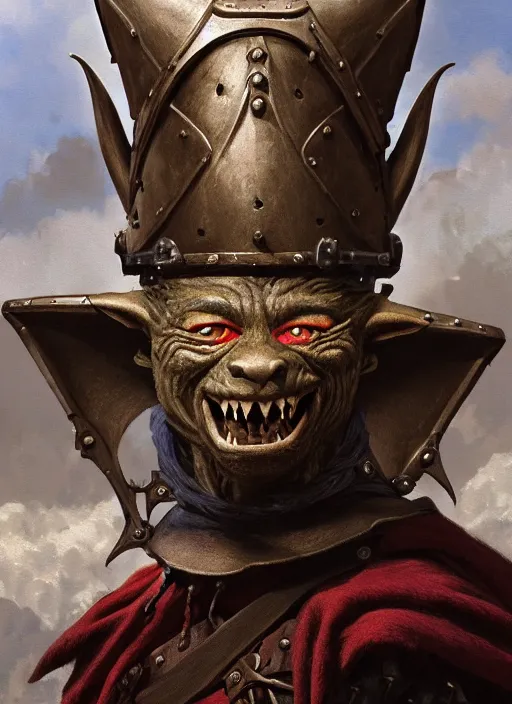 Image similar to highly detailed closeup portrait of a medieval goblin dressed as a knight, stephen bliss, unreal engine, greg rutkowski, ilya kuvshinov, ross draws, hyung tae and frank frazetta, tom bagshaw, tom whalen, nicoletta ceccoli, mark ryden, earl norem, global illumination, god rays, detailed and intricate environment