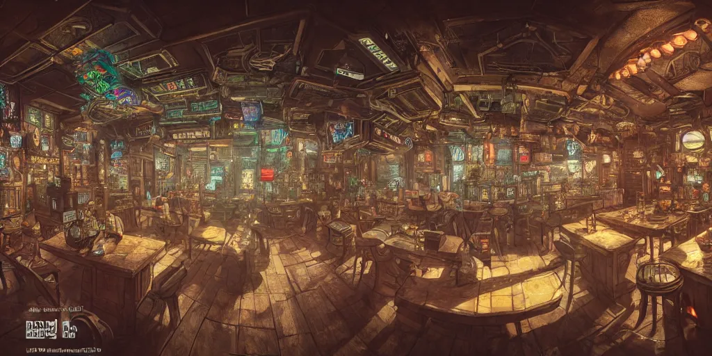 Prompt: Highly detailed realistic Digital concept interior design in style of Hiromasa Ogura and Josan Gonzalez of highly detailed cyberpunk tavern with stone walls and neon lights, a lot of electronics and people, many details. Natural white sunlight from the transperient roof. Panorama on 360 degrees Rendered in 32K in VRAY and DaVinci Resolve and MAXWELL and LUMION 3D, Volumetric natural light