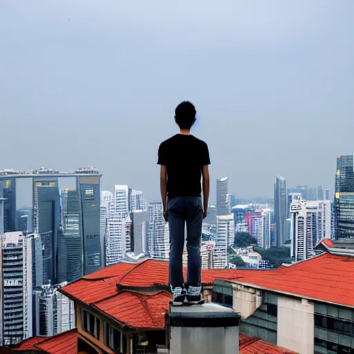 Image similar to a singaporean student stands on the top of a building, looking out at the world, by moebius