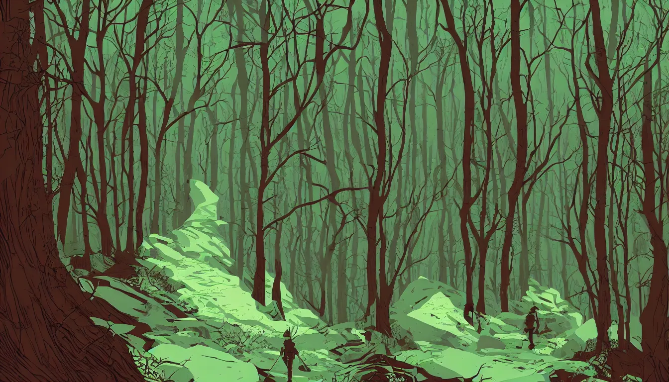 Prompt: hiking path through the woods by Kilian Eng, minimalist, detailed