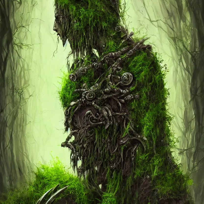 Image similar to an undead druid/knight covered in moss and vines in the style of anti-art trending on artstation deviantart Pinterest detailed realistic HD 8k High Resolution