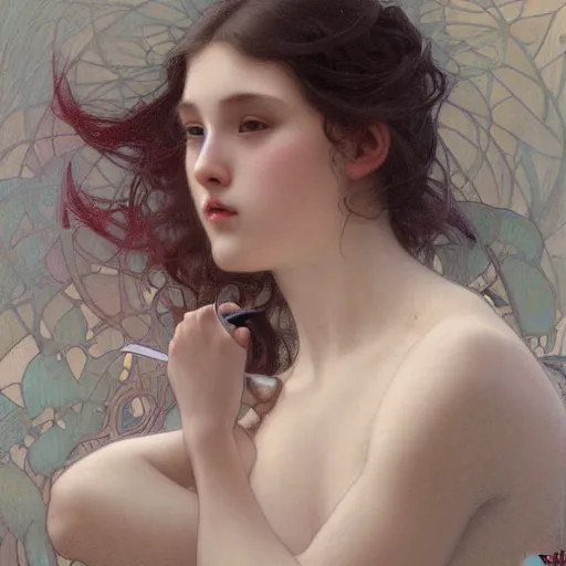 Prompt: faceless girl bleeding into a mirror, intricate, art by artgerm and greg rutkowski and alphonse mucha and william - adolphe bouguereau, high detailed, 4 k,