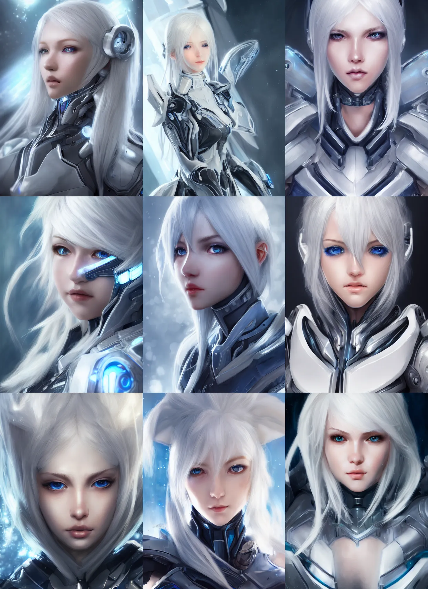 Image similar to detailed portrait of perfect white haired girl, android, warframe armor, beautiful, pretty face, blue cyborg eyes, innocent, scifi, 4 k, sun yunjoo, ultra realistic, aura of light, cinematic lighting, highly detailed, sharp focus, artstation, masterpiece, art by hyungjin yang and akihiko yoshida
