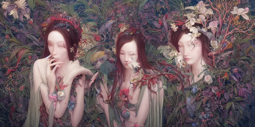 Image similar to breathtaking detailed weird concept art painting of the goddess of flamingo, orthodox saint, with anxious, piercing eyes, ornate background, amalgamation of leaves and flowers, by Hsiao-Ron Cheng and John James Audubon and Miho Hirano, extremely moody lighting, 8K