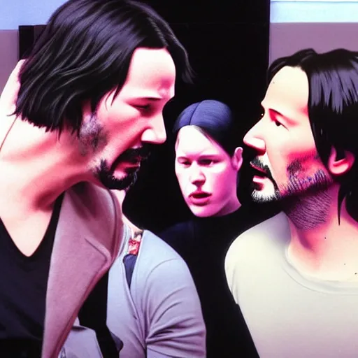 Image similar to keanu reeves breaking up with keanu reeves in front of a crowd of keanu reeves in the gym in hawkins because he ate too many crayons in his youth, in the style of james jean jamie hewlett, artstation trending, 8 k, 3 d render, photorealistic, volumetric lighting caustics, pink