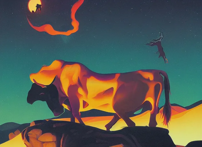 Prompt: isometric painting of a cow devouring a human, black mountains, rhads, dark atmosphere, fire, edward hopper, tristan eaton, victo ngai