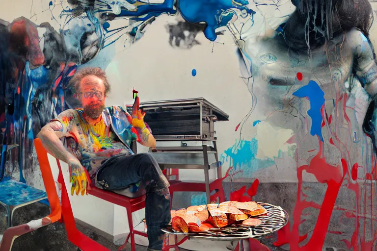 Image similar to portrait of a morphed painter sitting in a chair at a bbq grill tending to meat, art by james jean and luc tuymans and vincent lefevre and hernan bas and pat steir and hilma af klint, psychological, dripping paint, high quality render, cg society contest winner, retrofuturism, masterpiece