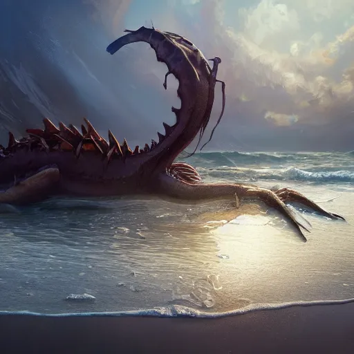 Prompt: a dying beached sea dragon washing up on the shore of a beach by jaime jones, cgsociety, fantasy art, concept art, artstation hd, deviantart hd. highly detailed. dramatic light. masterpiece