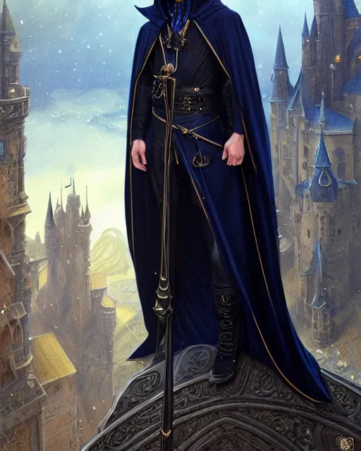 Image similar to handsome mage in front of a giant tellurion, long black hair blue eyes wearing leather mantle gothic navy cloak with gold details, castle town, fantasy character portrait, ultra realistic, intricate, elegant, highly detailed, digital painting, artstation, smooth, sharp, focus, illustration, art by artgerm and greg rutkowski and alphonse mucha