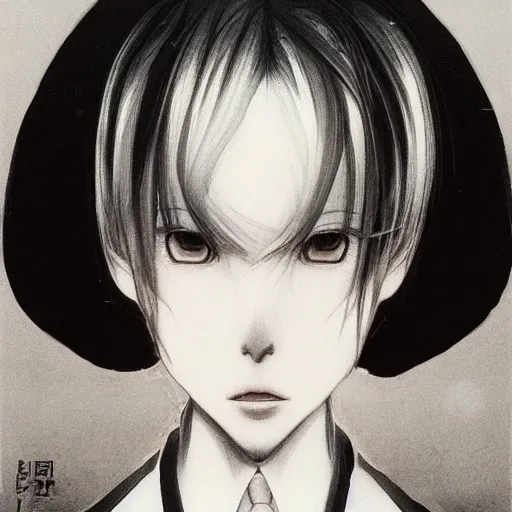 Image similar to Yoshitaka Amano realistic illustration of an anime girl with short white hair and black eyes wearing tuxedo, abstract black and white background, film grain effect, highly detailed, Renaissance oil painting