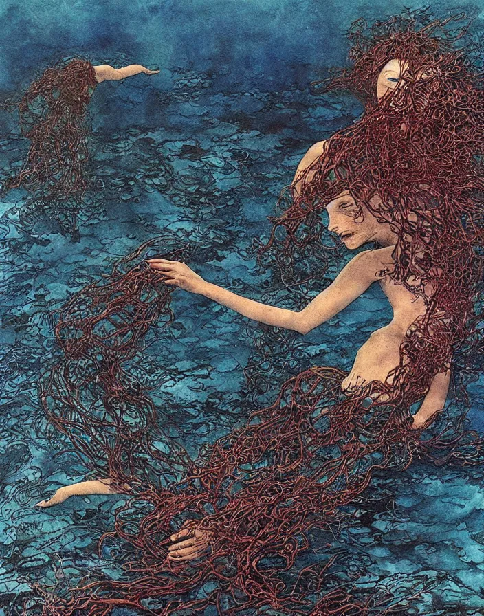 Prompt: a mermaid swimming deep underwater amongst seaweed and sea creatures, mermaid, high detailed beksinski painting, part by adrian ghenie and gerhard richter. art by takato yamamoto. masterpiece, dark and moody, deep colours, blue