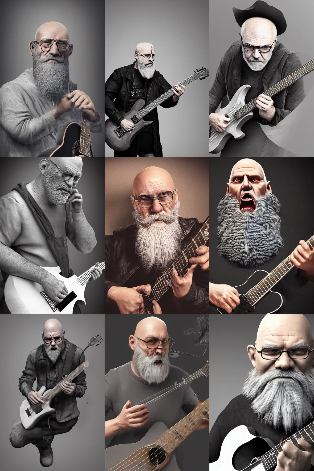 Prompt: a grumpy bald man with a long grey beard playing the guitar, black clothing, 3 d render, hyper - realistic detailed portrait, scifi, fantasy, magic the gathering, hyper detailed, octane render, concept art