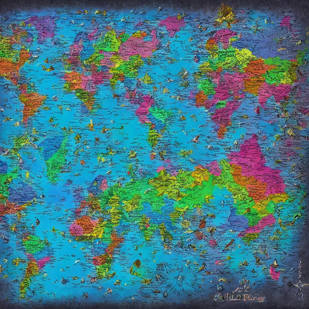 Image similar to acrylic world fantasy map, art by allixander maps, fantasy, world, bright, sharp focus, smooth, sharpened